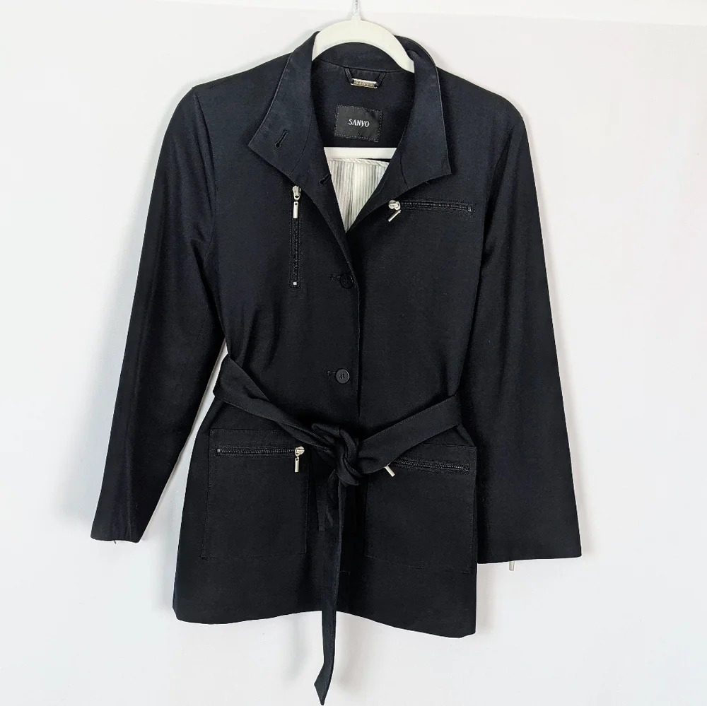 Sanyo Belted Button Up Zipper Pockets Rain Water Resistance Coat Jacket sz.XS